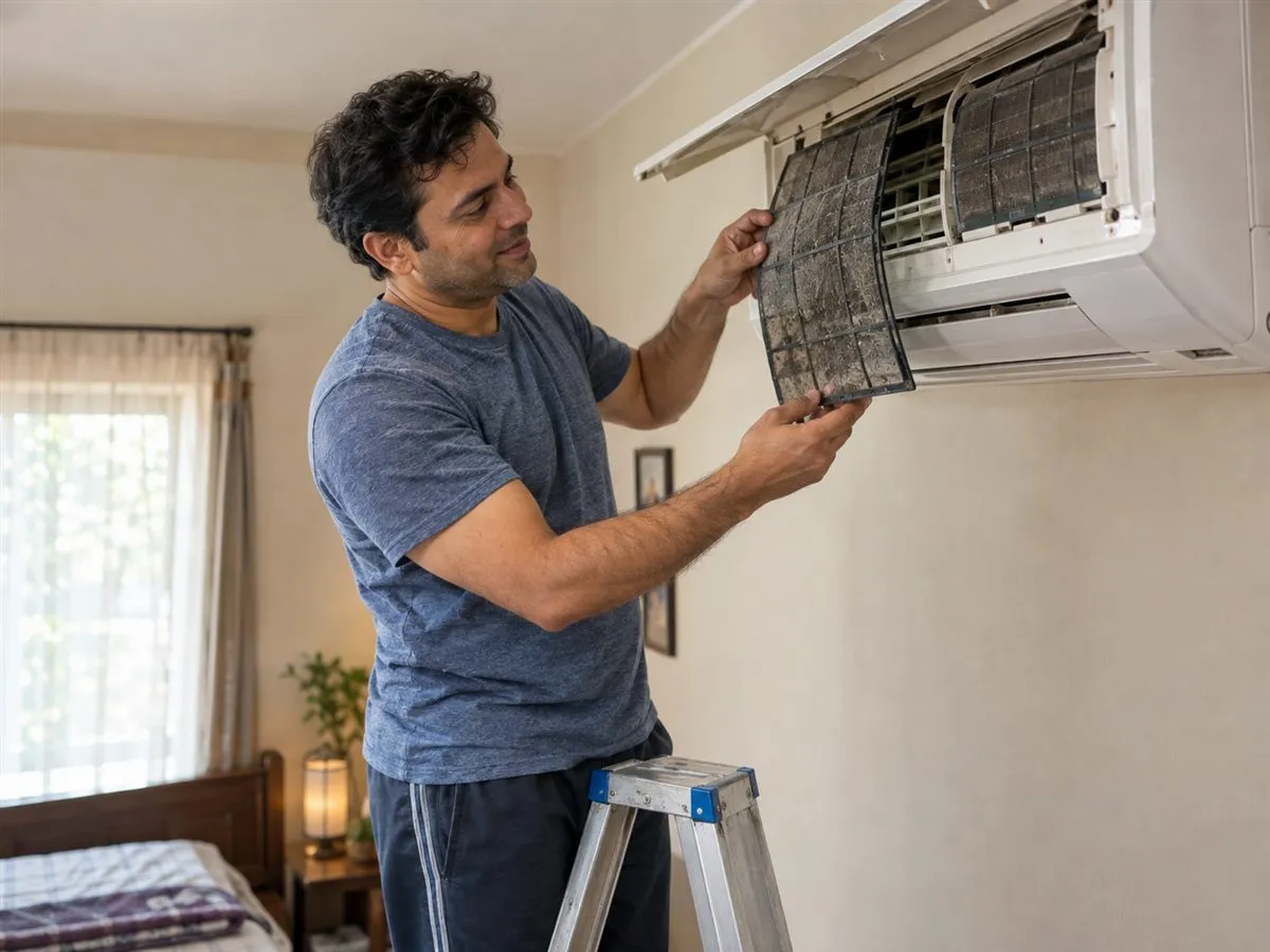 Cleaning an air-conditioner filter at home.