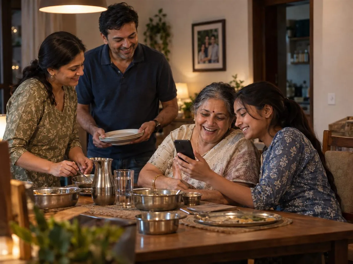 A family at home looking at a phone together.