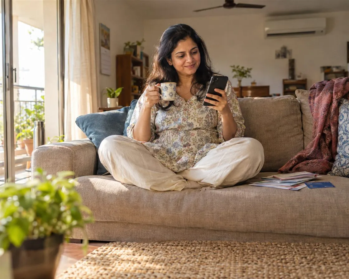 A woman at home reading an answer on her phone.