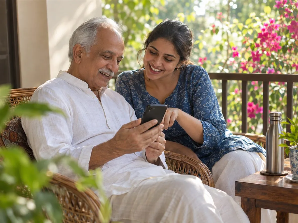 A woman speaking to her phone on a verandah.