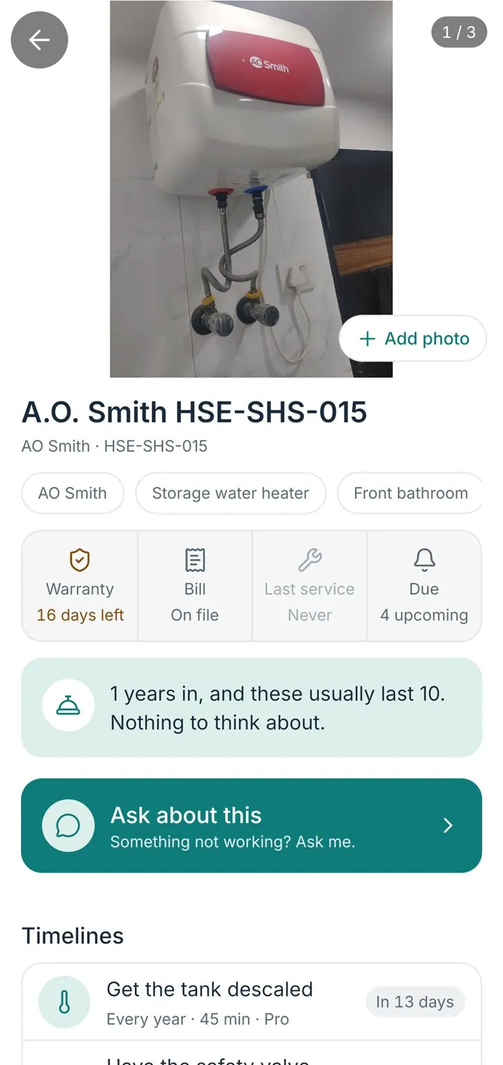 A thing's page in HomeButlr.
