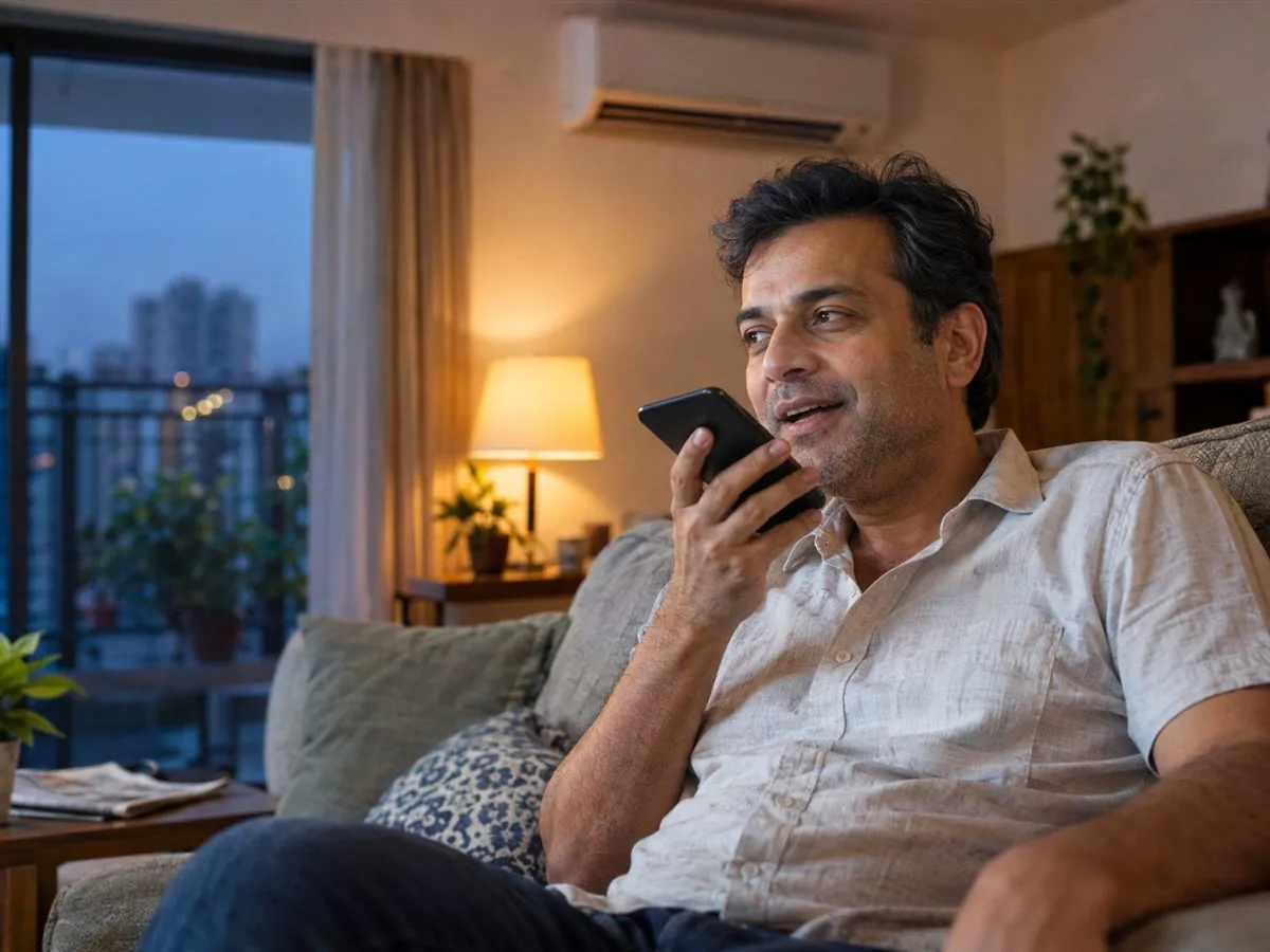 A man asking his phone a question at home.